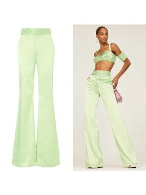 Aliette Satin Pant 2 Pistachio Green Wide Leg Trouser Ruched Waist Pockets